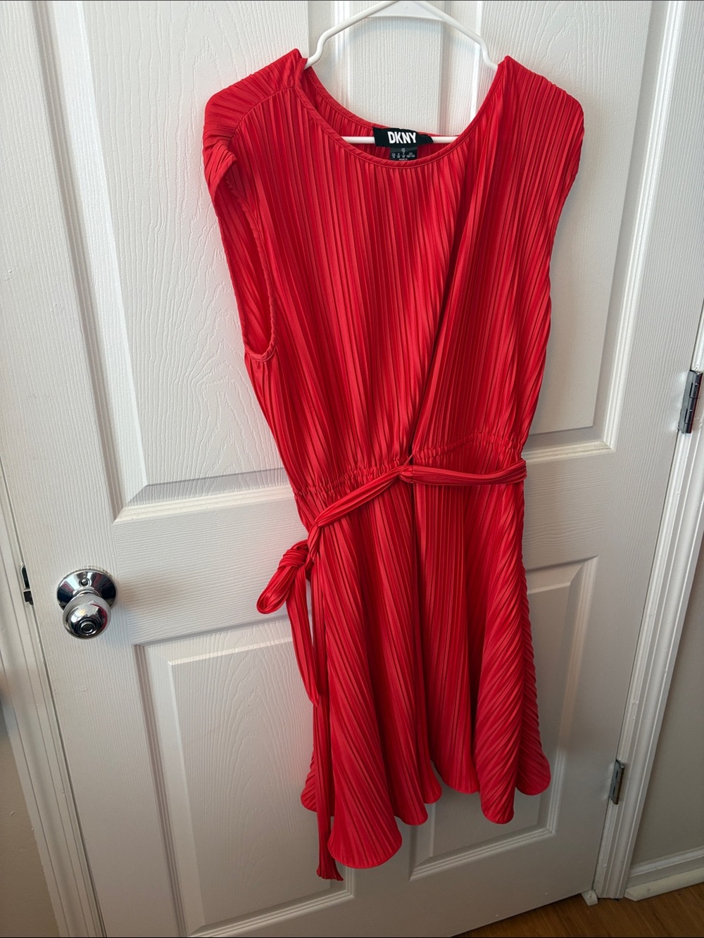 DKNY Red Pleated Tie-Waist Midi Dress